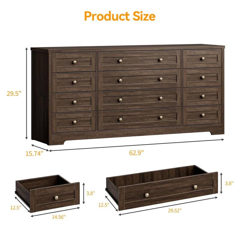 Dresser for Bedroom,Withe Long Wood Dresser with 12 Drawers,Storage Chest of Drawers with Plug-in Charging Hub - Brown