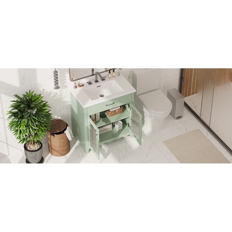 31" Bathroom Vanity with Tempered Glass,Modern Bathroom Cabinet with Rubber Wood legs and Soft close Doors