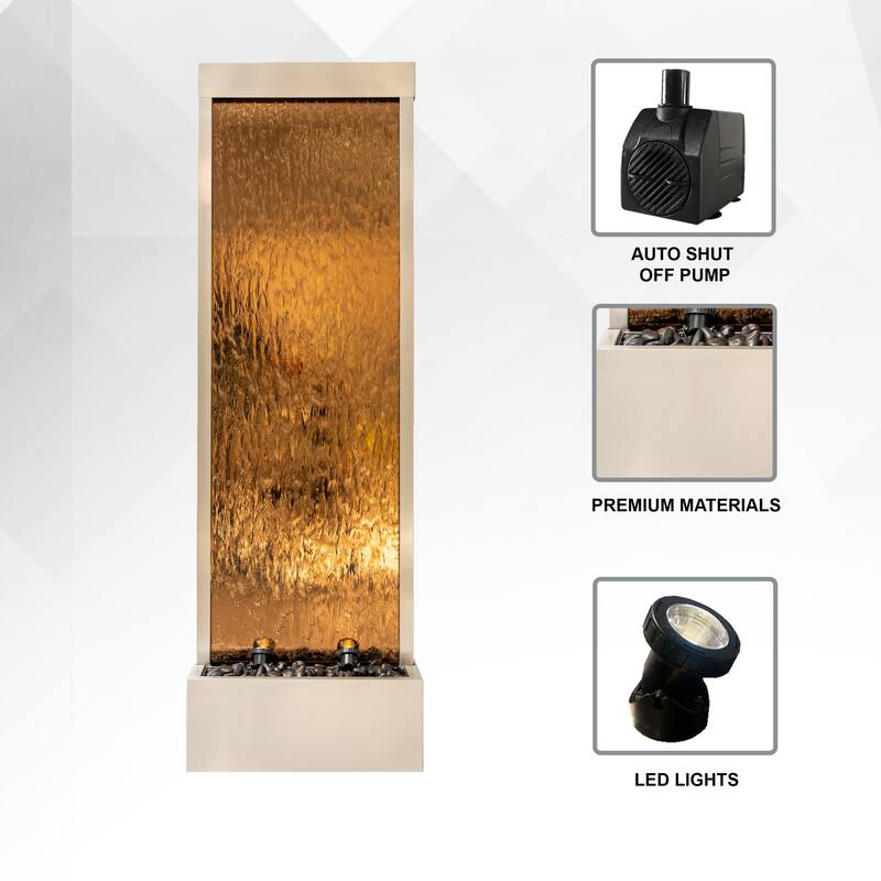 68 in H Freestanding Waterfall Fountain w/ Decorative Rocks LED, Auto-Shut Off Pump Stainless Steel/Bronze Glass, Silver Frame
