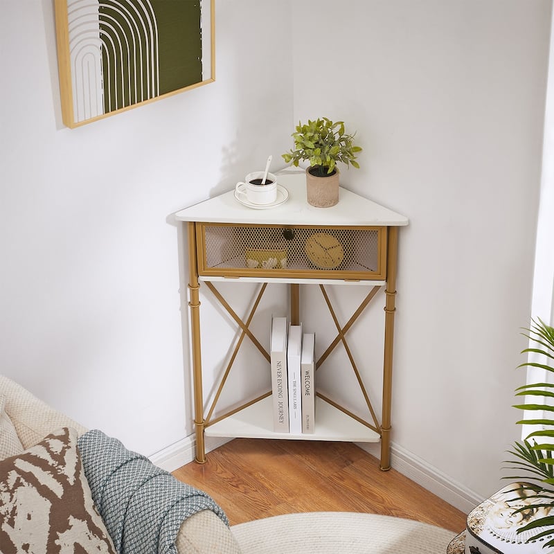 Javlergo Corner Table with Drawer and Storage Shelf Triangle Freestanding Floor Cabinet for Kitchen Living Room and Bedroom