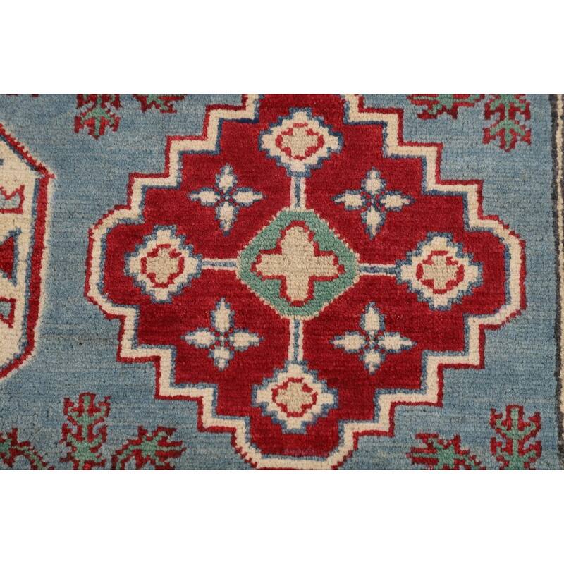Light Blue Geometric Kazak Rug Hand-Knotted Oriental Wool Carpet - 4'11" x 6'8"