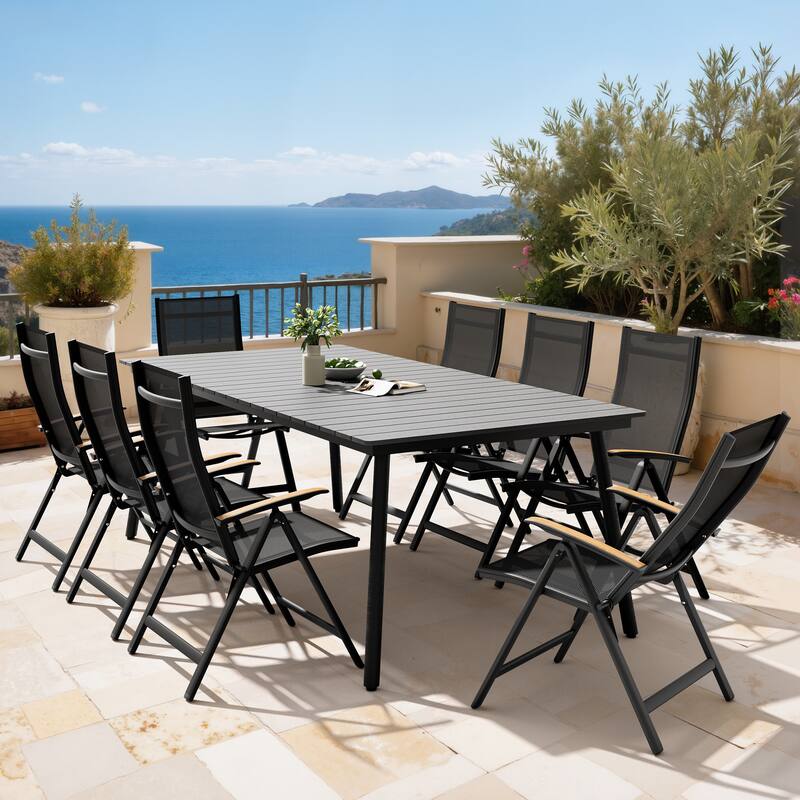 9PC Outdoor Patio Dining Set Aluminum Umbrella Hole Table with Folding Chairs - Grey