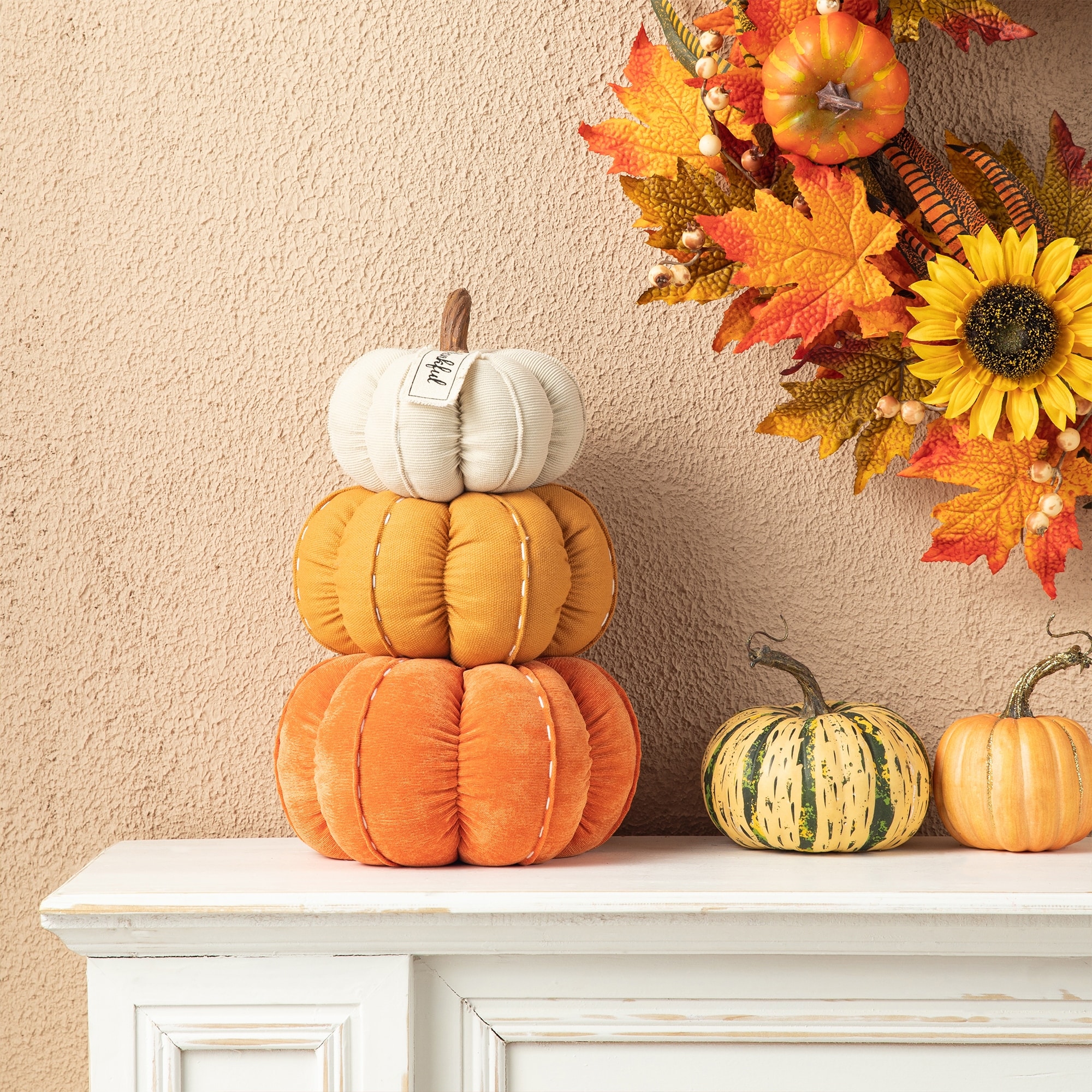 Glitzhome 13"H Fall Stacked Fabric Pumpkin Thanksgiving Table Decor Holiday Gifts