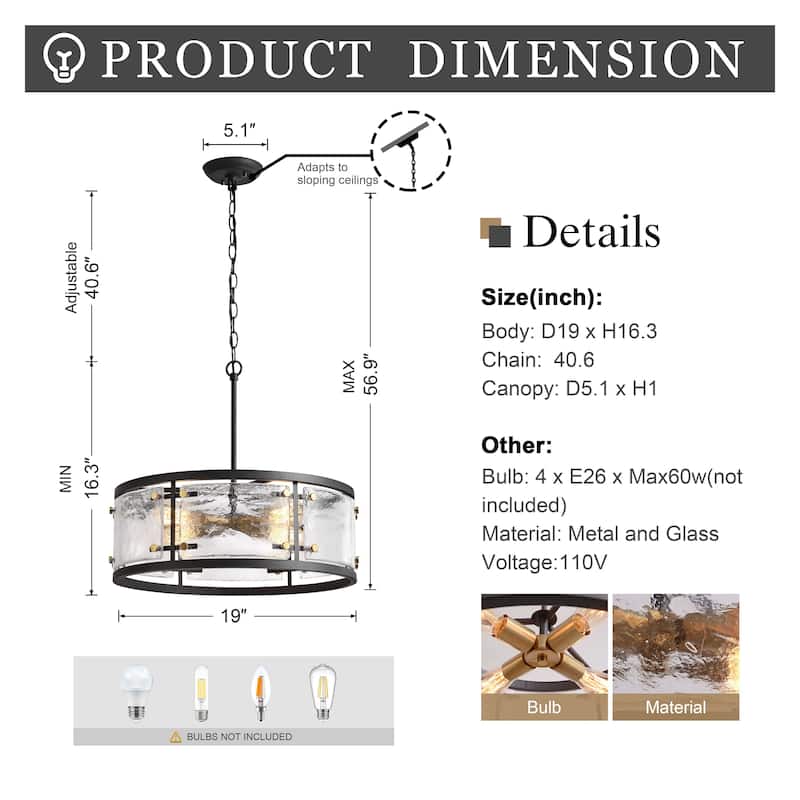 Laia Black 5-light Water Textured Glass Drum Pendant Chandelier - 19 inches in diameter x 16.3 inches H