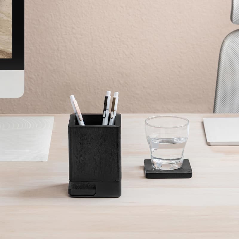 Jani Wooden Pen Cup Holder with 2 Coasters - Stained Mango Wood & Powder-Coated Metal Organizer for Home, Office & Living Spaces - Black/Black