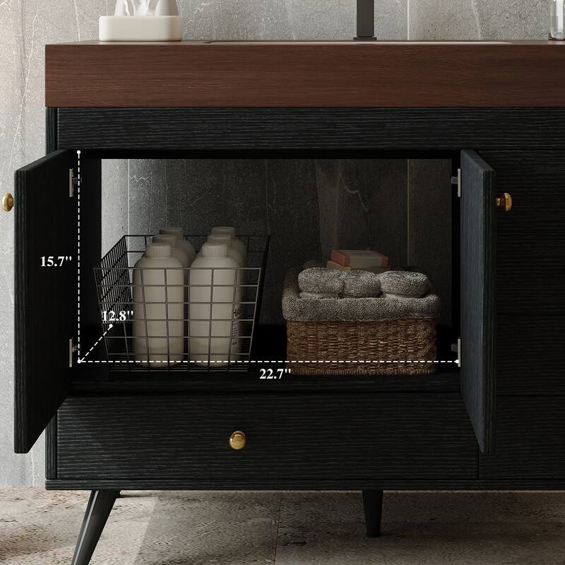 36" Freestanding Bathroom Vanity with Faux Marble Top, Ceramic Sink, 5 Drawers & Stainless Steel Legs