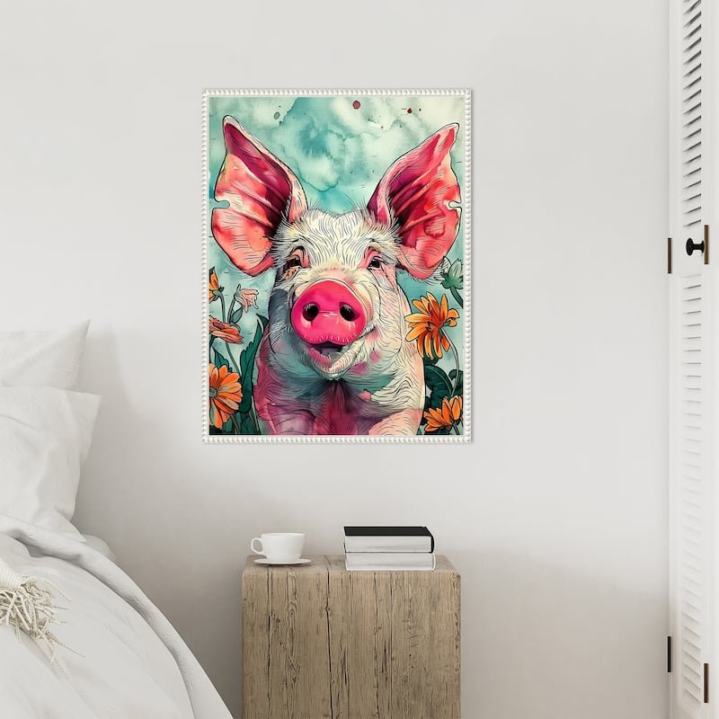 Pig in Flowers by Justyna Jaszke Framed Canvas Wall Art