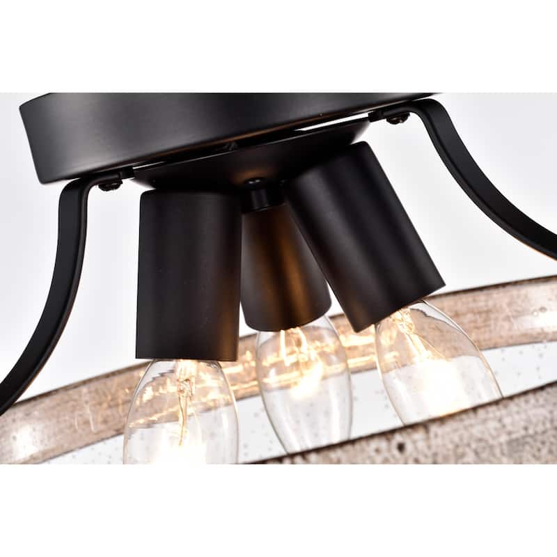 Aimie Matte Black+Wood Grain 3-Light Metal & Glass Bowl Shade Semi-Flush Mount