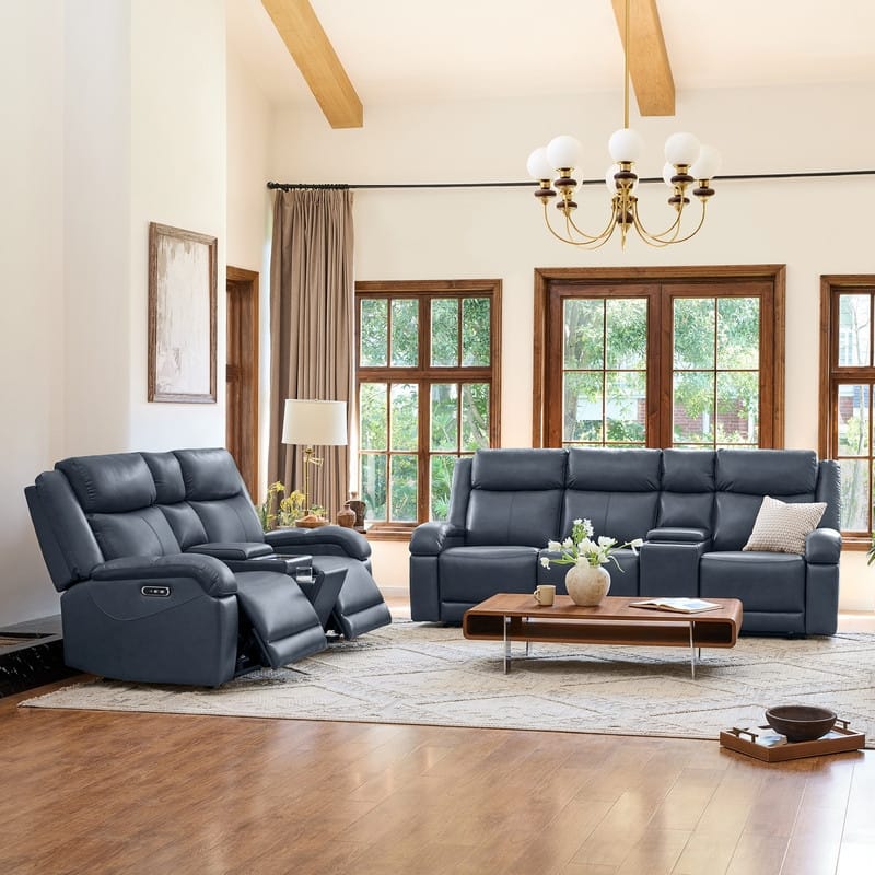 Spruce & Spring Hadlee Genuine leather Reclining Sofa with Multi-Function Console. - 3PC+Console - Navy