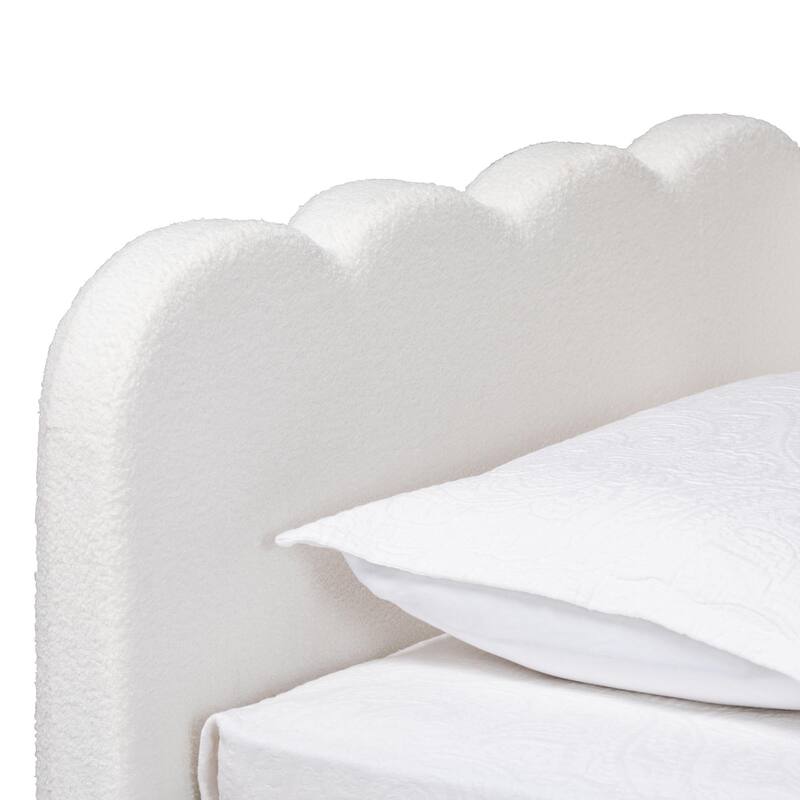 Palmer Cream Teddy-Bear Fabric Daybed with Rolling Trundle - Scalloped Edge Daybed with Plush Upholstery, Modern Sofa Bed