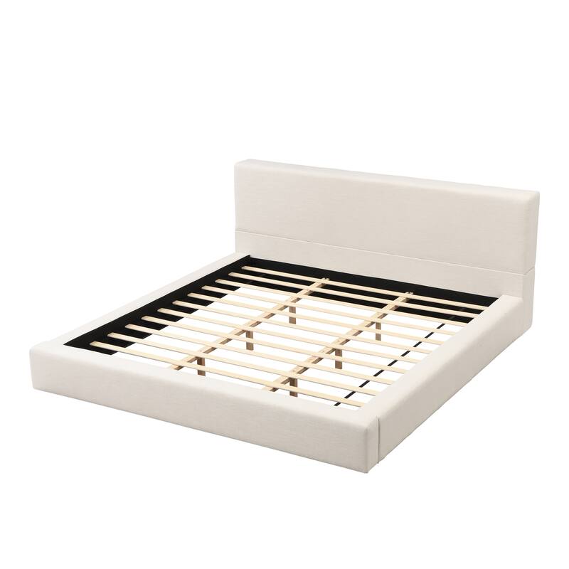 King Size Low Profile Bed with Linen Thick Headboard and Footboard, Beige Linen Fabric Upholstered Platform Bed