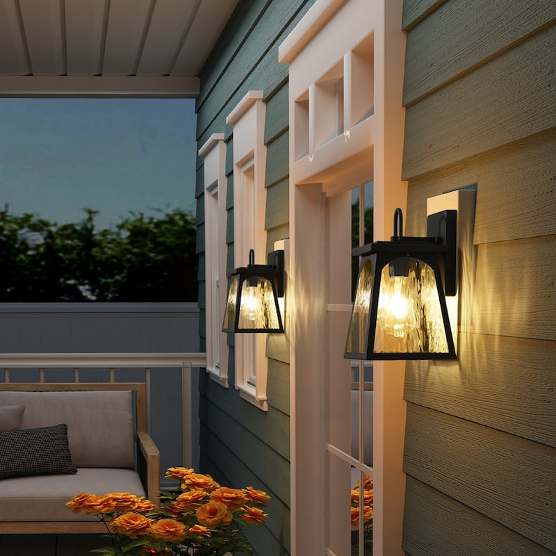 Modern Farmhouse 1-Light Black Outdoor Wall Sconce Water Ripple Glass Patio Lights - W 6.7" x H 11" x D 7.1"