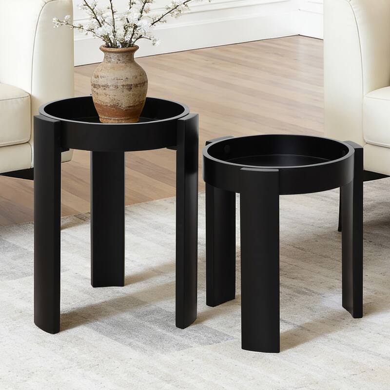 Black Nesting Side Tables Set of 2, Round MDF End Tables for Living Room