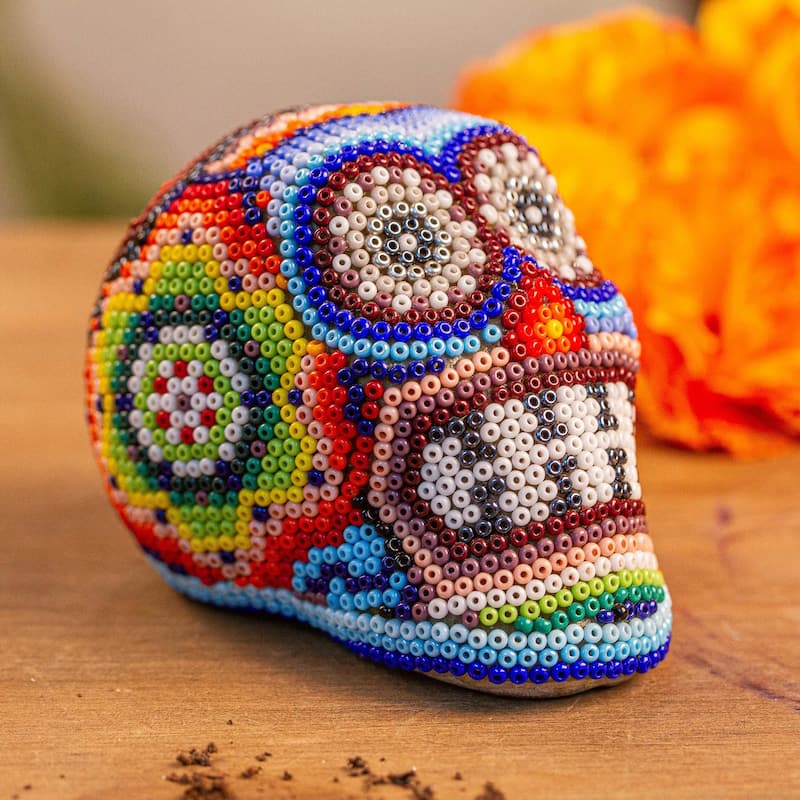 Novica Handmade Huichol Grin Huichol Beaded Papier Mache Skull