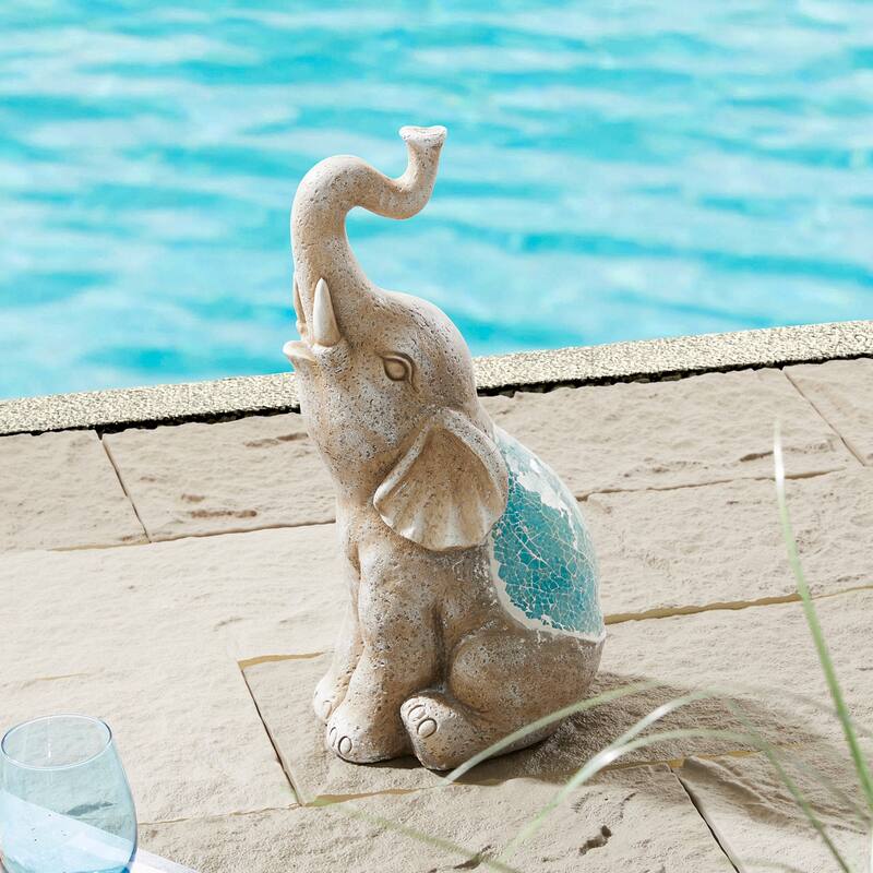 Glitzhome Faux Granite Mosaic Sitting Elephant Sea Horse Mermaid Garden Statue Ocean Figurine