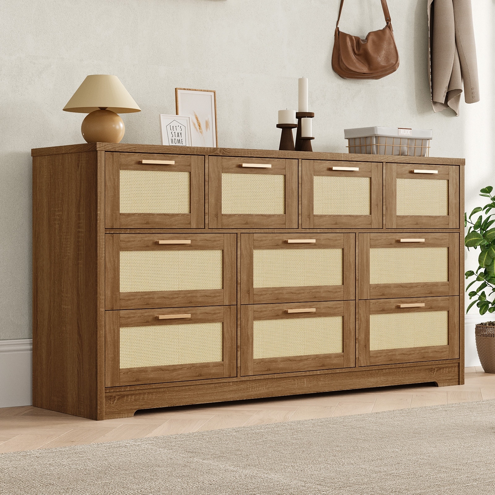 Rattan 10 Drawer Dresser, 59'' Wide Modern Farmhouse Chest of Drawers with Anti-Tipping Device