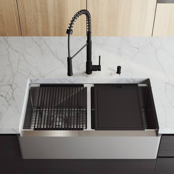 VIGO Square Front Matte Stone Kitchen Sink Set with Branson ...