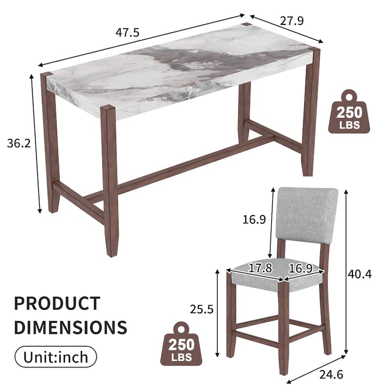 5-Piece Counter Height Dining Table Set, Faux Marble Bar Table And 4 Upholstered-Seat Chairs, Mid-Century Modern Dining Set