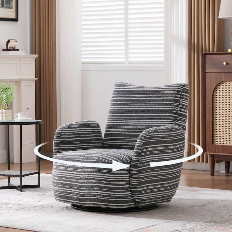 Modern Style 360° Swivel Leisure Chair Fabric Striped Armrest Swivel Chair and metal bracket, suitable for living room, balcony