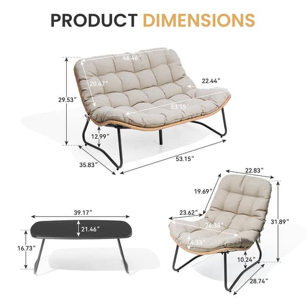 dimension image slide 6 of 10, Double Papasan Chair Loveseat with Cushion, All-weather PE Rattan 2-Person Wicker Patio Chair for Indoor Outdoor