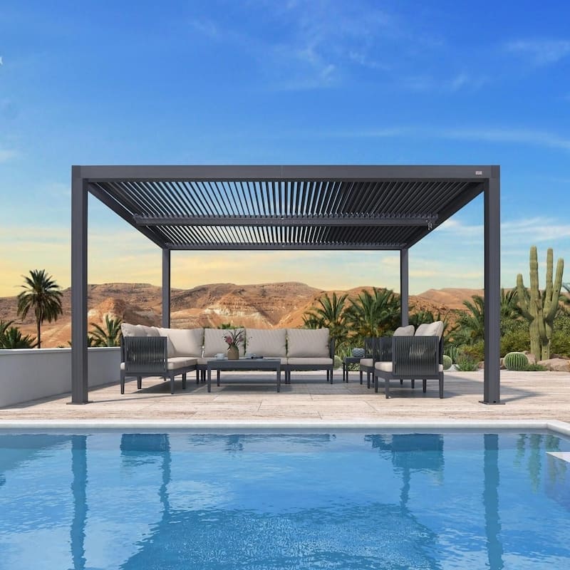 PURPLE LEAF Grey Louvered Pergola Accessories Roller Blinds, Strip Light and Shutter Wall(Pergola Not Included) - 10' x 14' - Pergola Only