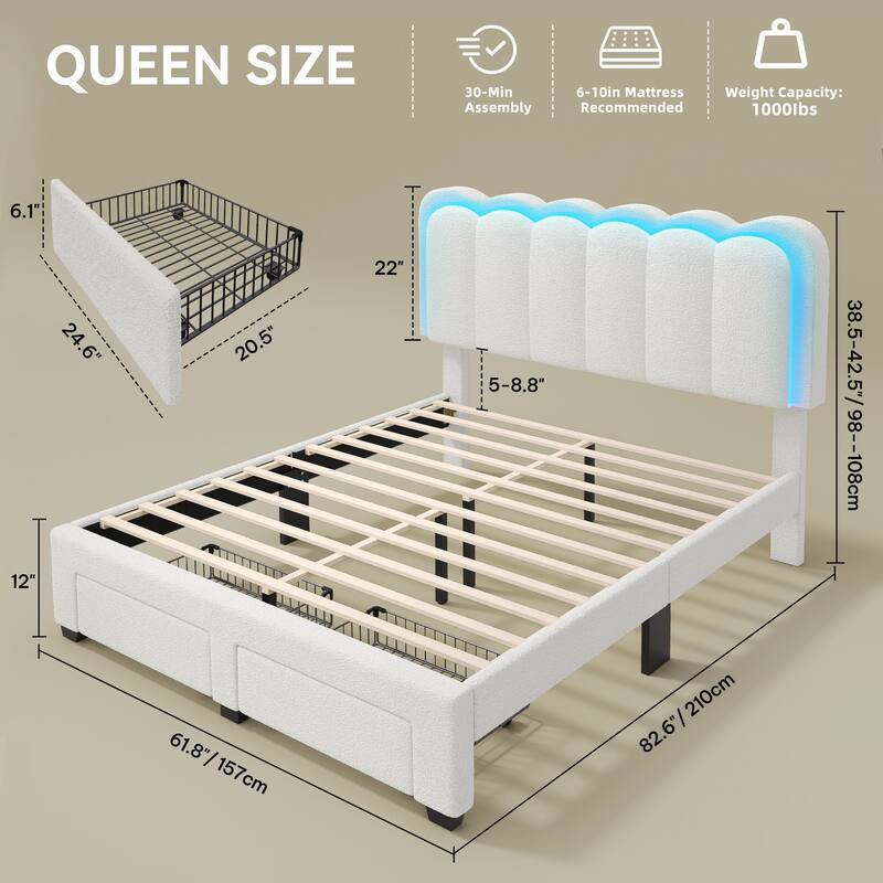 Moasis Lamb Wool Bed Frame with 2 Drawer, Adjustable Headboard with Charging Station and LED Lights - Queen