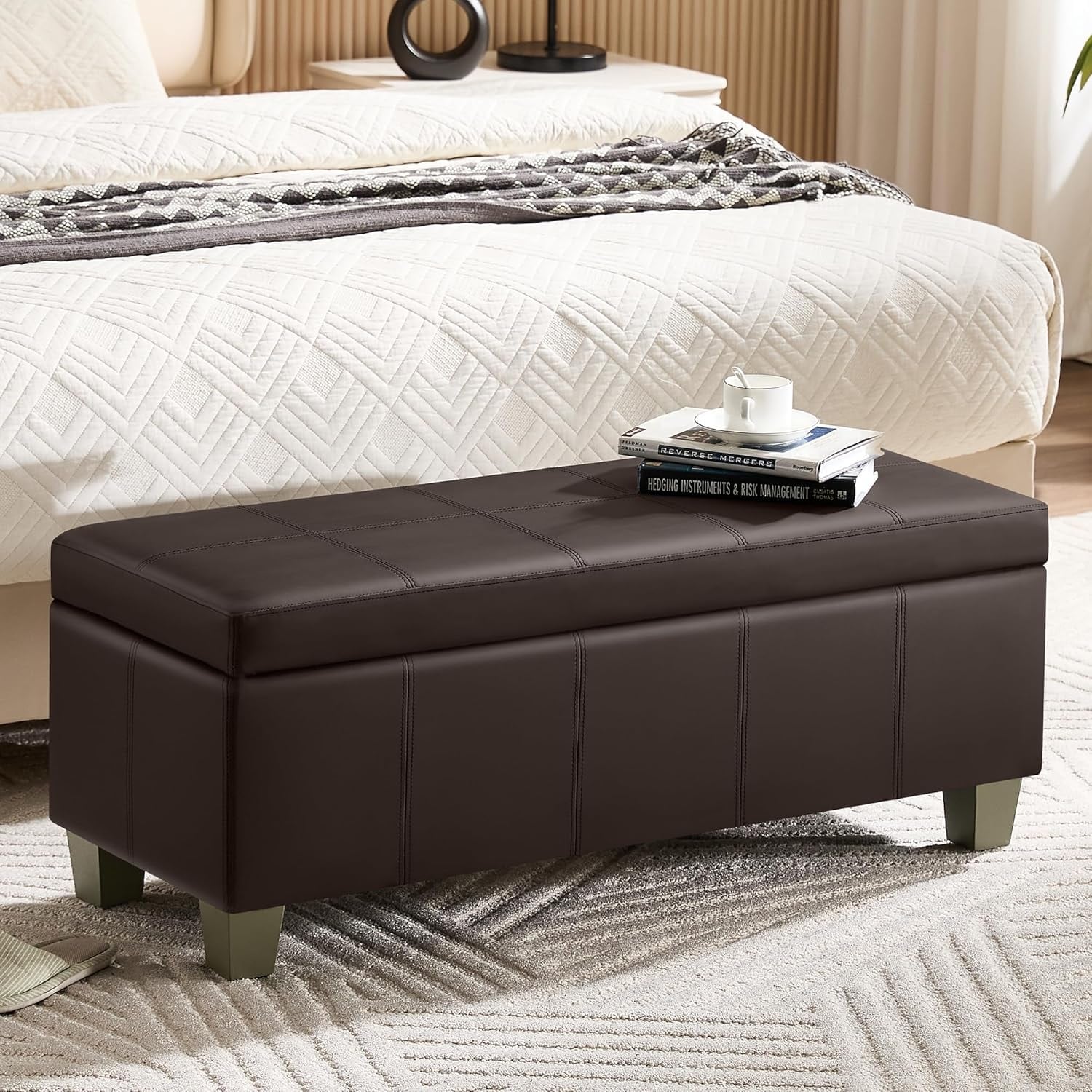 41" Faux Leather Storage Ottoman, Tufted Bench with Wooden Legs