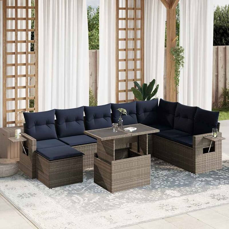 vidaXL Patio Sofa Set with Cushions Table and Couches 9 Piece Poly Rattan - 24.4 x 24.4 x 27.2 - Gray without storage