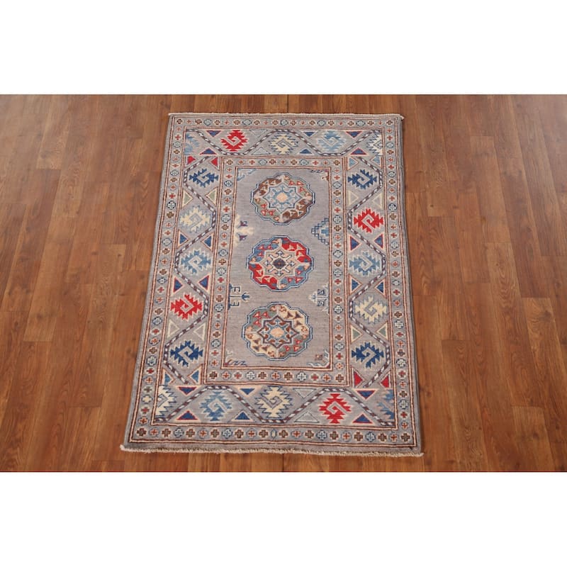 Geometric Kazak Oriental Accent Rug Hand-Knotted Grey Wool Carpet - 2'7"x 4'1"