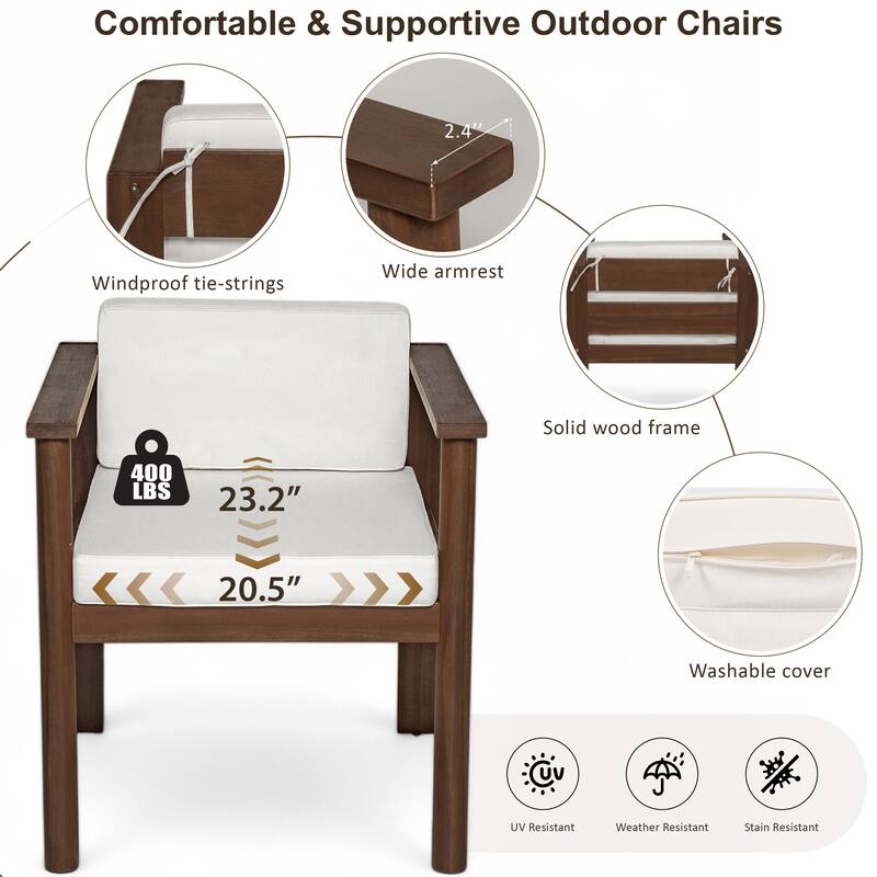 7-Piece Outdoor Patio Dining Set Wood Rectangular Dining Table and 6 Arm Chairs with Parasol Hole and Removable Cushions