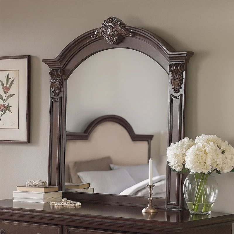 Scalloped Crown Top Wooden Frame Wall Mirror with Molded Details, Brown