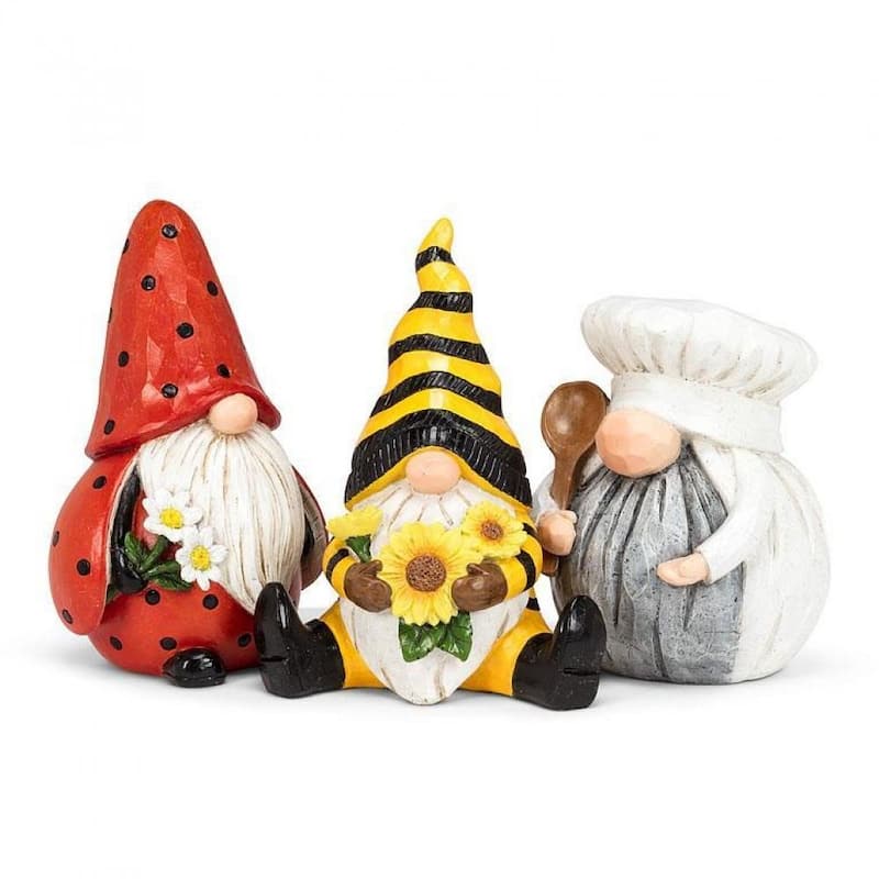 Sitting Bee Patterned Hat Gnome Holding Sunflowers Figurine - Multi