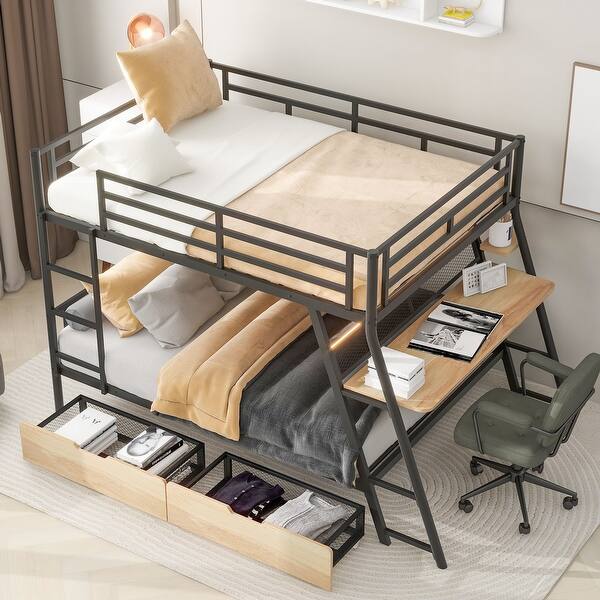 slide 2 of 16, Metal Bunk Bed with Built-in Desk, Light and 2 Drawers, Black Full