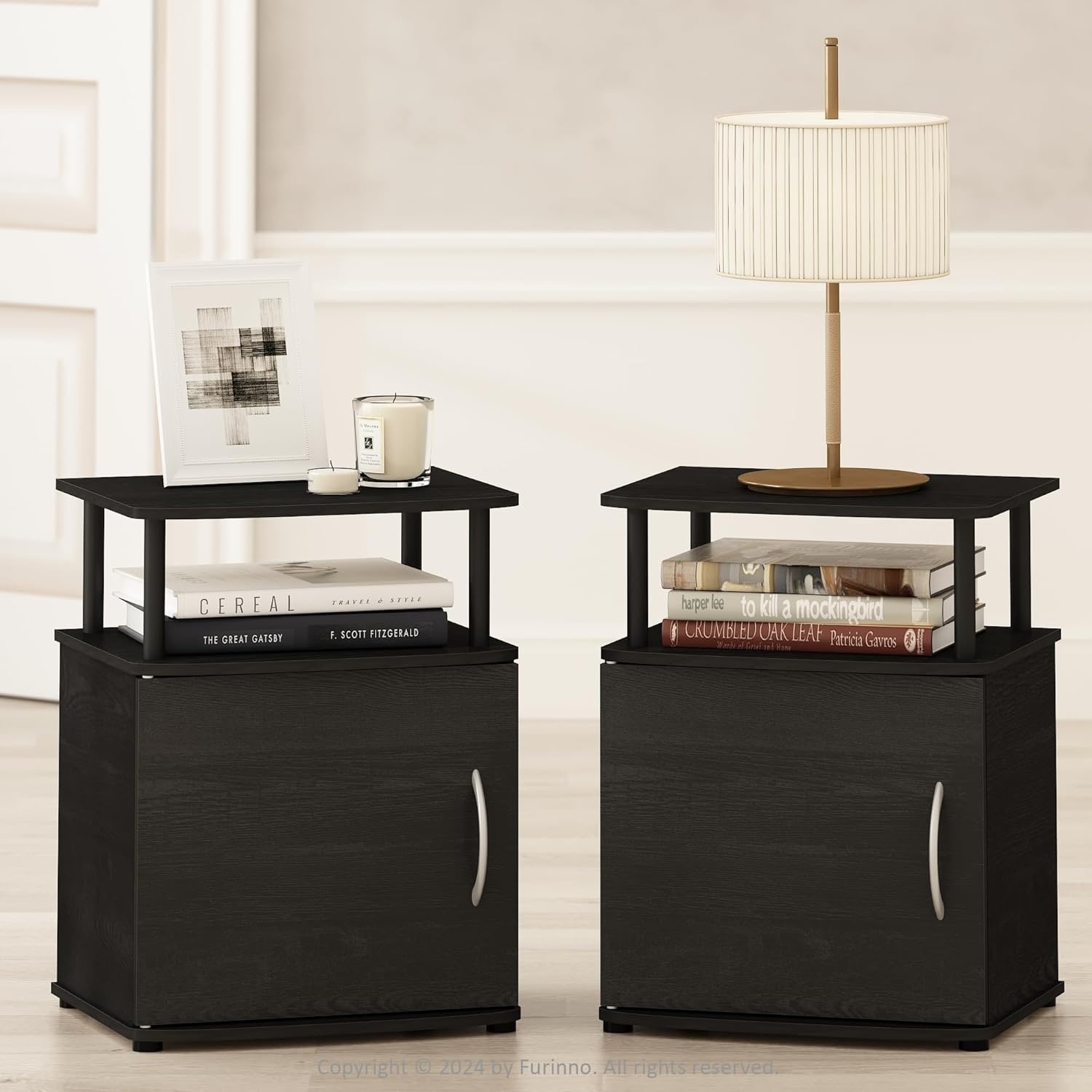Night Stand Set of 2 with Open Shelf and Door Cabinet, Round Corner Bedside Table for Bedroom, Living Room, Black