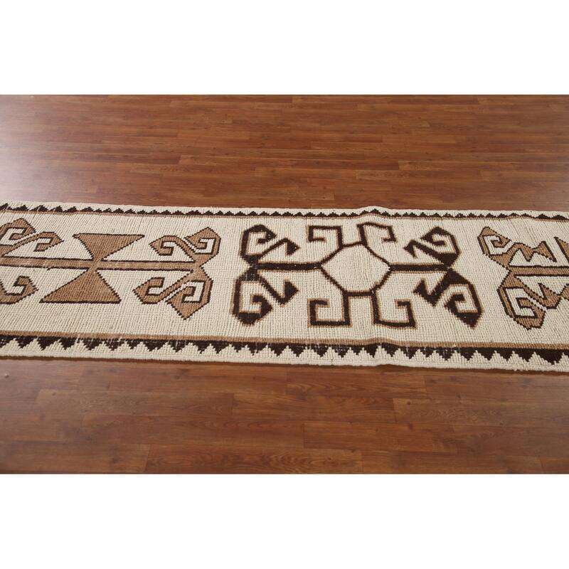 Natural Dye Ivory Anatolian Turkish Runner Rug Handmade Wool Carpet - 2'7"x 11'9"