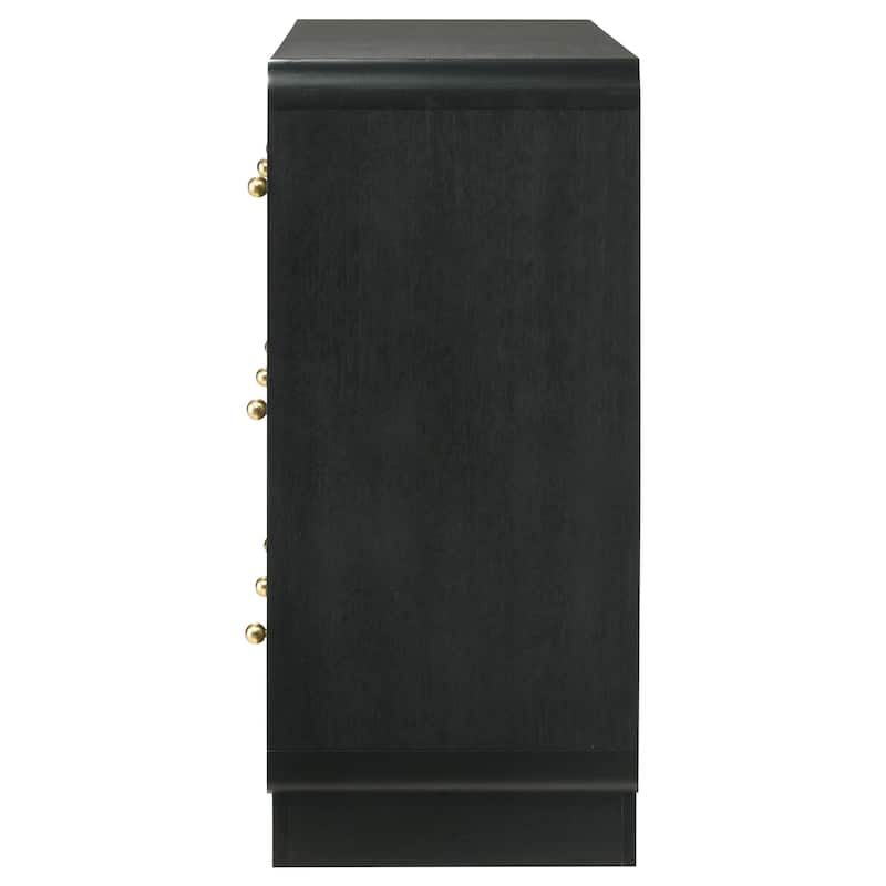 Cavy Wide Dresser, 6 Storage Drawers, Black Wood, Round Gold Knobs