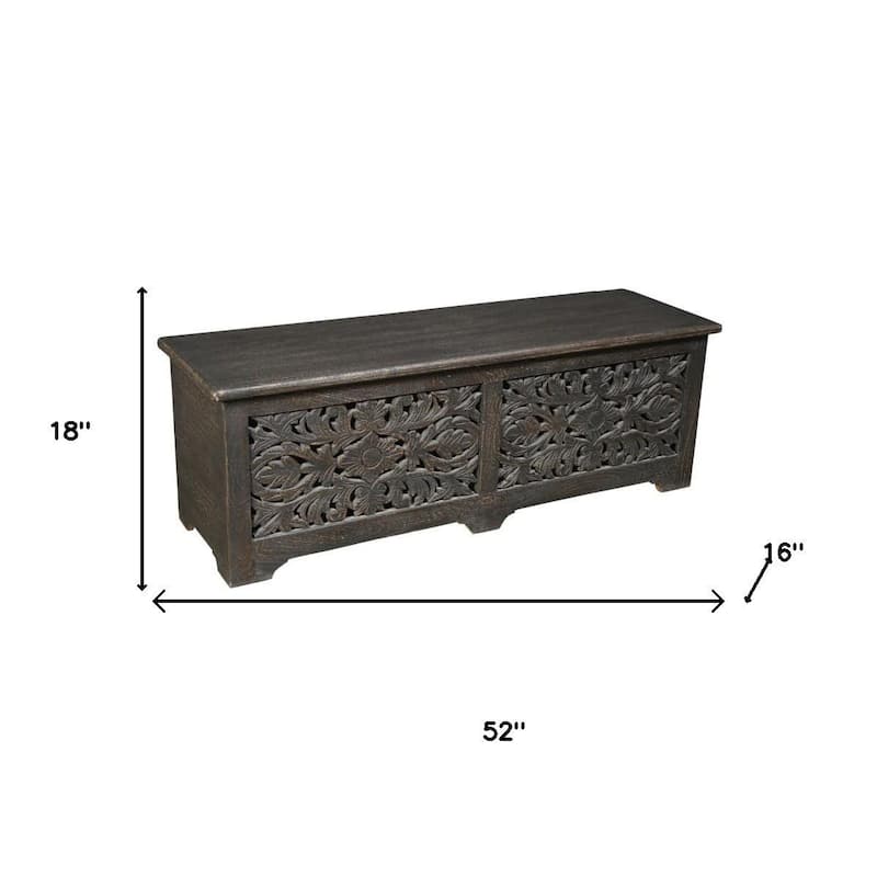 HomeRoots 52" Black Distressed Solid Wood Carved Floral Storage Ottoman