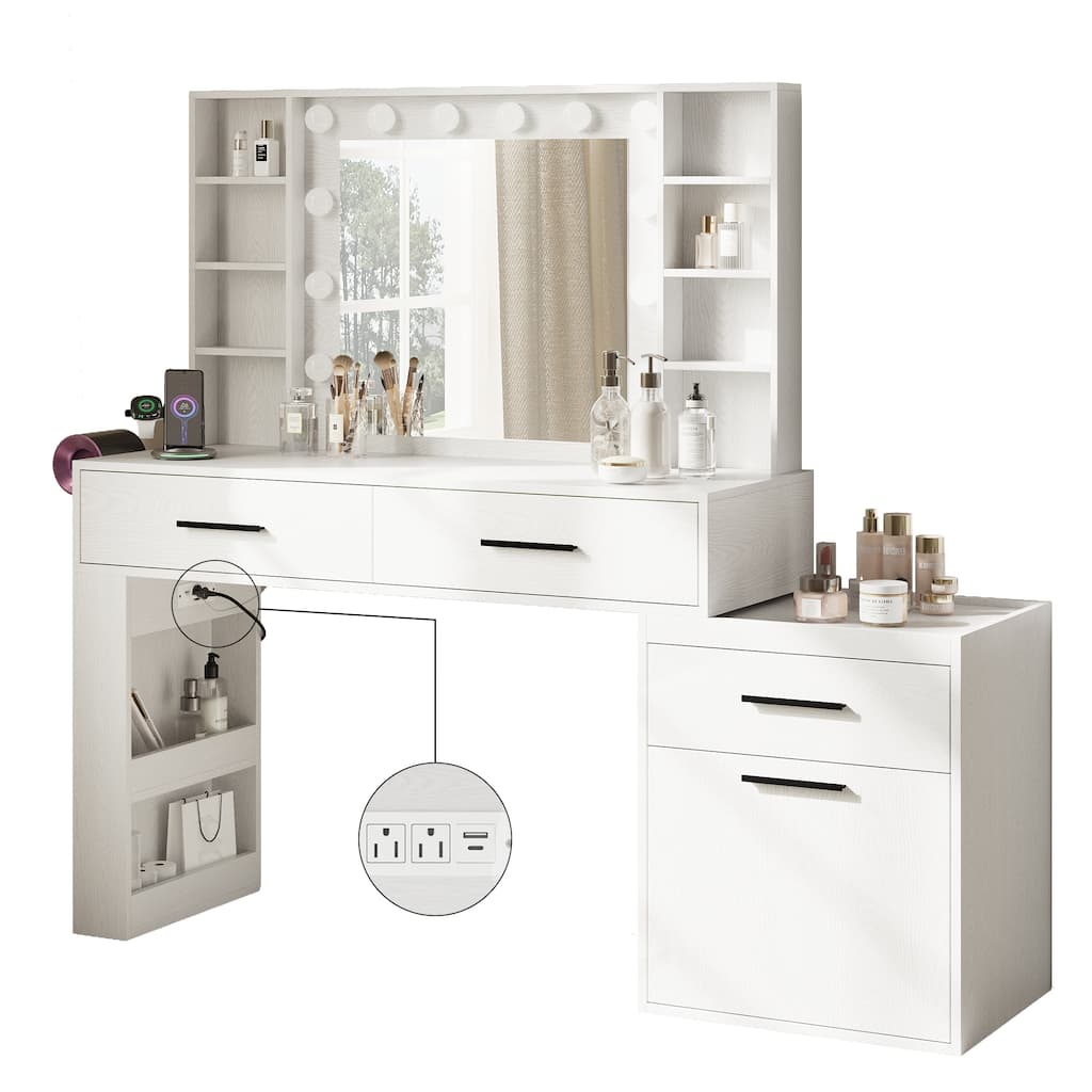 Lighted Makeup Vanity Desk with Mirror 3 Drawers Storage Shelves Power Outlet - N/A