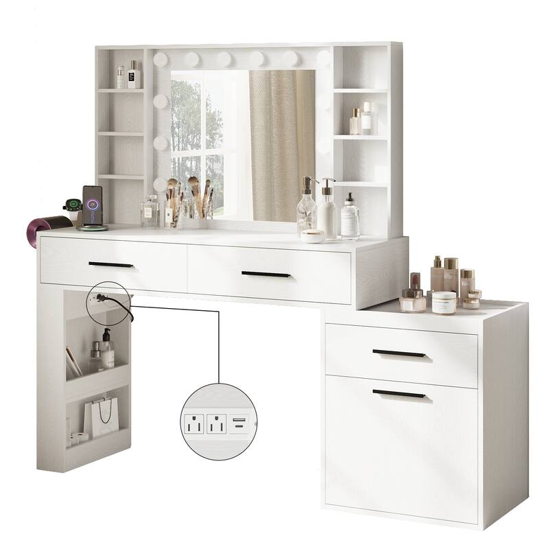 Lighted Makeup Vanity Desk with Mirror 3 Drawers Storage Shelves Power Outlet - N/A - WHITE