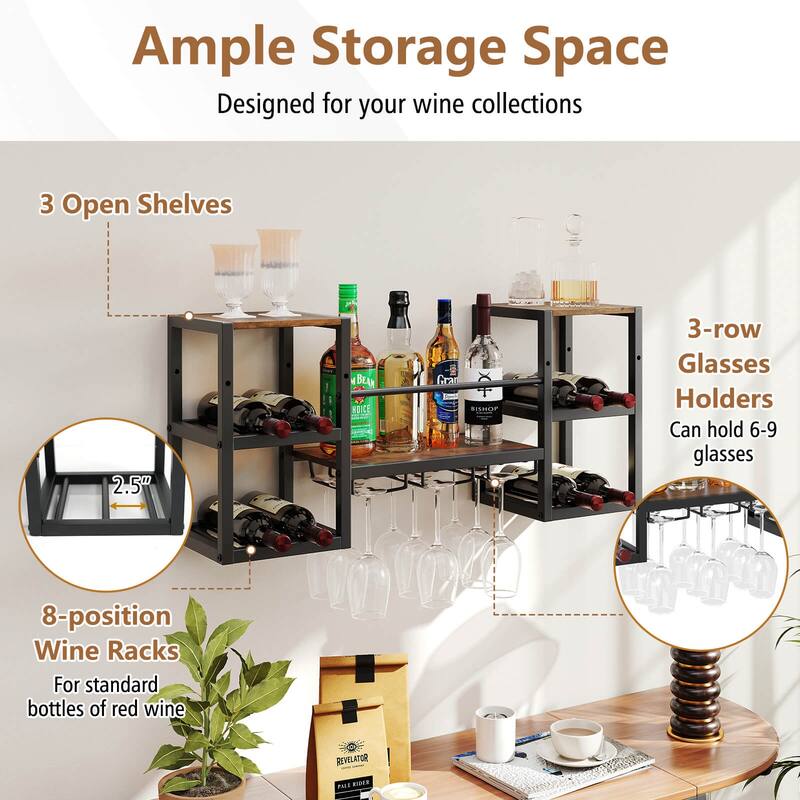 Costway 3-Tier Wall Mounted Wine Rack with Glass Holder Open Shelf - See Details