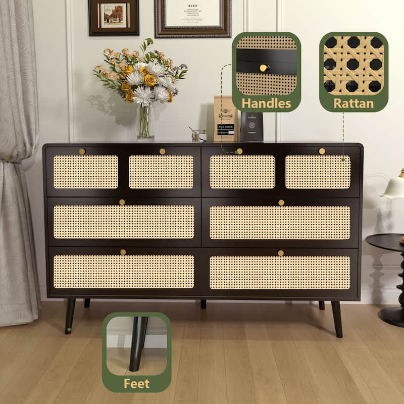 Rattan Dresser Chest with Wide Drawers and Metal Handles