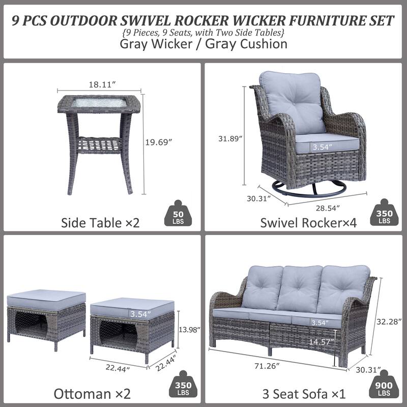 Gray Rattan Outdoor Patio Conversation Sets with Swivel Rocker Chairs
