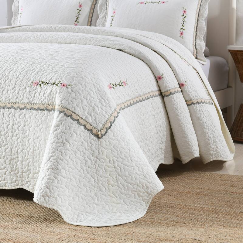 3 Pcs White Cotton Oversized Quilt Bedspread Set Sakura