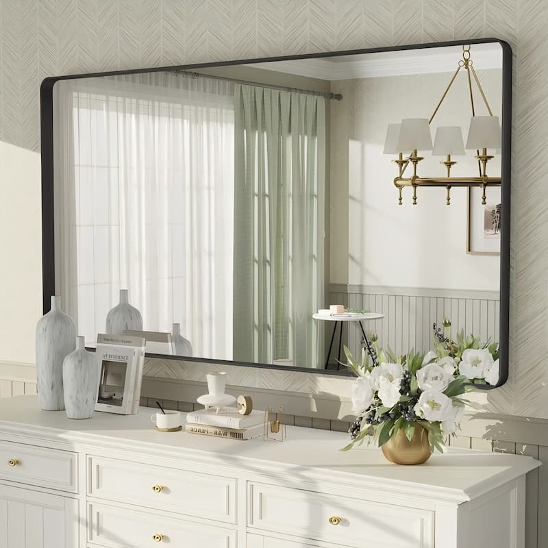Aluminum alloy Framed Tempered Glass Wall Bathroom Vanity Mirror - 55" X 30" - Black