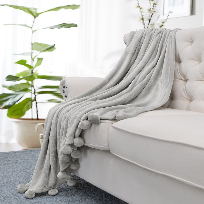 Pompom Flannel Fleece Throw