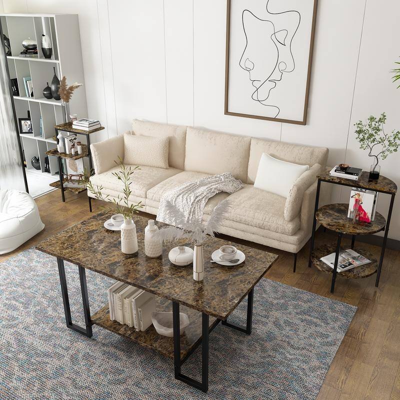 3 Pieces Faux Marble Coffee Table Set with 1 Coffee Table and 2 End Tables, Modern Sofa Side Table with Shelf, Cocktail Table