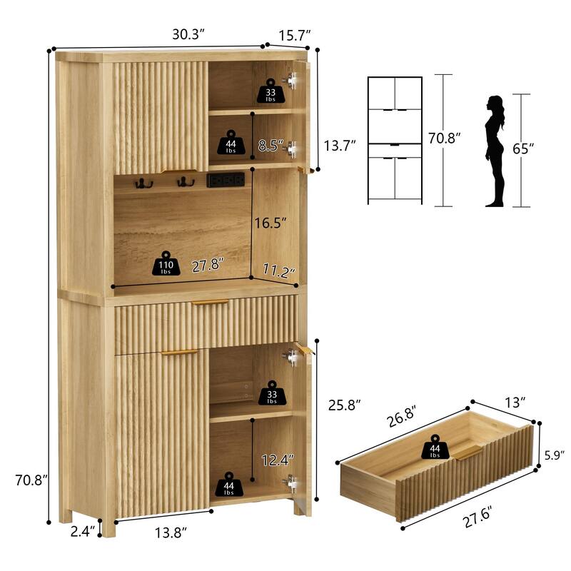 71"Pantry Storage Cabinet with Drawer, Charging Station and Open Countertop for Dining Living Room