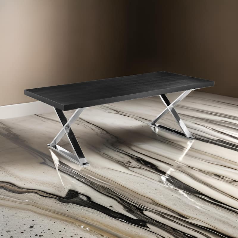 Rix 87 Inch Dining Table, Black Wood Top, X Chrome Finished Steel Legs