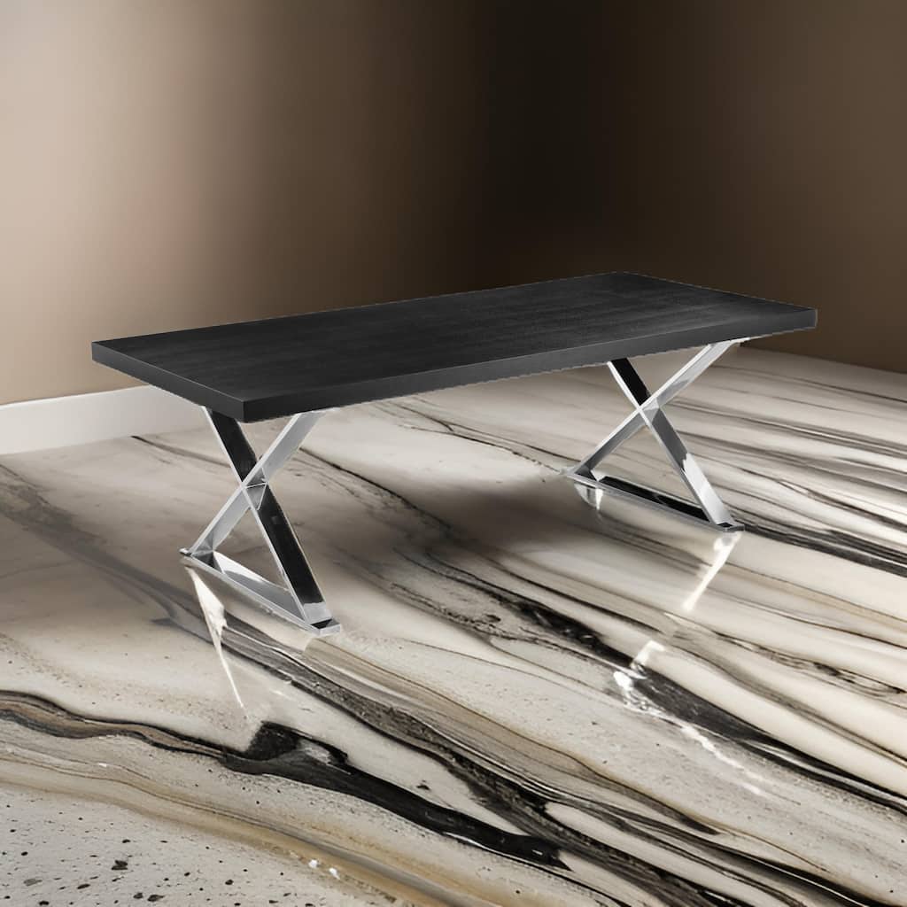 Rix 87 Inch Dining Table, Black Wood Top, X Chrome Finished Steel Legs