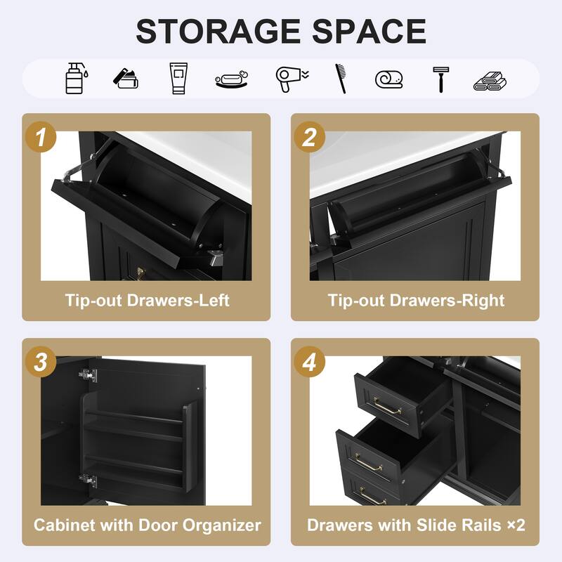 Roomfitters 36" Bathroom Vanity with Sink, Solid Wood Frame, 4 Drawers & Soft-Close Door with Built-in Racks, Black